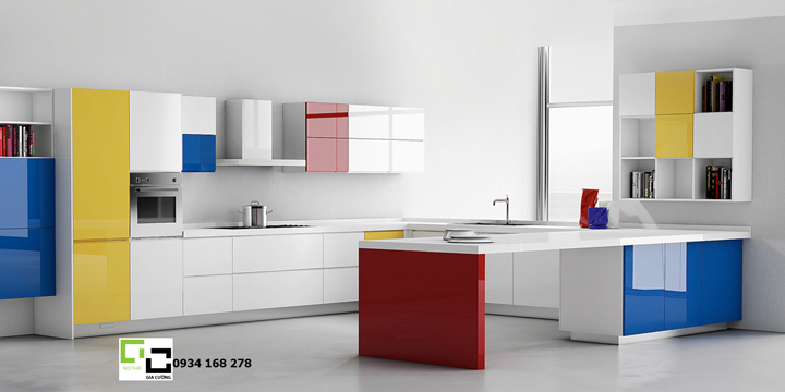 Tủ bếp acrylic hiện đại kết hợp màu