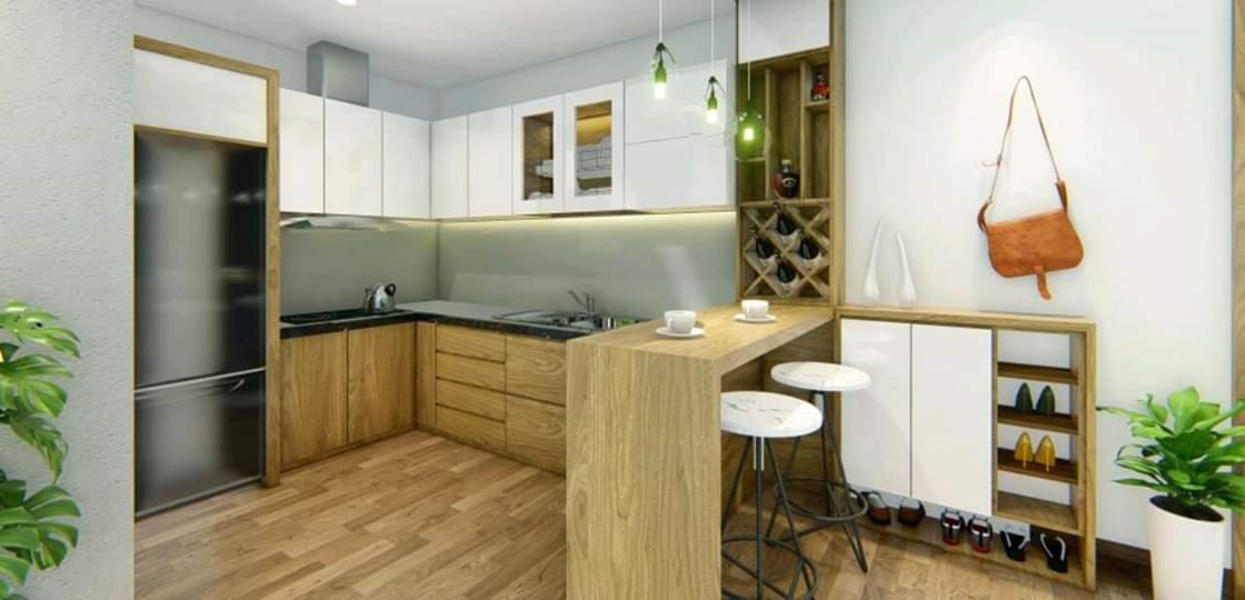 tủ bếp laminate màu vân gỗ sồi và màu trắng