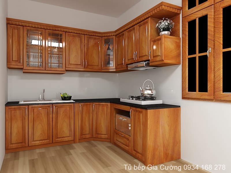 Tủ bếp gỗ xoan đào màu tự nhiên PU