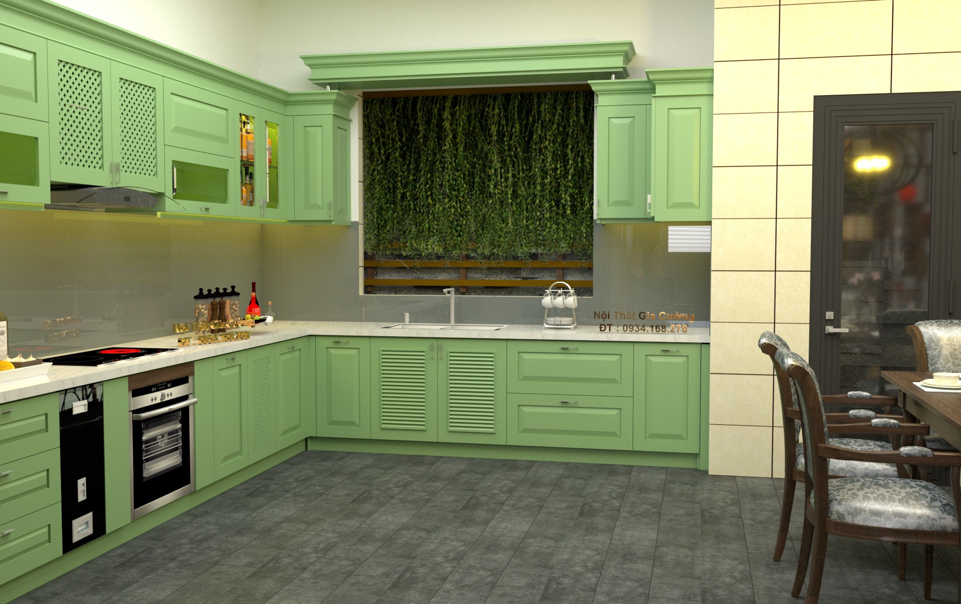 Tủ bếp gỗ sồi màu xanh địa trung hải