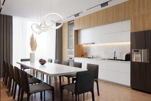 a dining table and chairs in a room