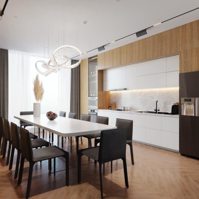 a dining table and chairs in a room