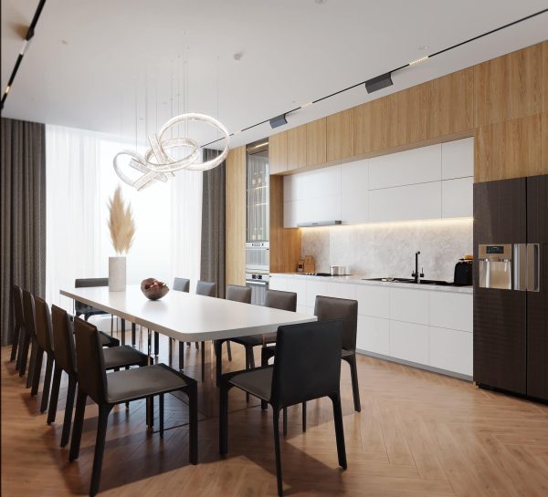 a dining table and chairs in a room