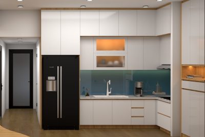 tủ bếp acrylic trắng + vân gỗ sồi