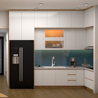 tủ bếp acrylic trắng + vân gỗ sồi