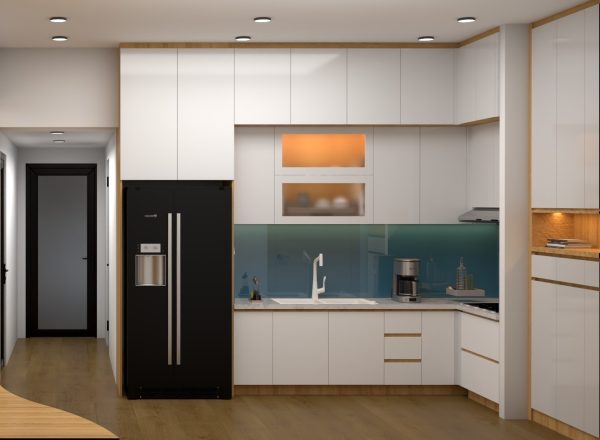 tủ bếp acrylic trắng + vân gỗ sồi
