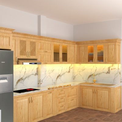Tủ bếp gỗ sồi nga chữ L
