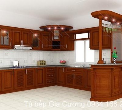 Tủ bếp, quầy ba gỗ căm xe phong cách cổ điển