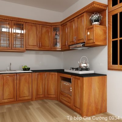 Tủ bếp gỗ xoan đào màu tự nhiên PU